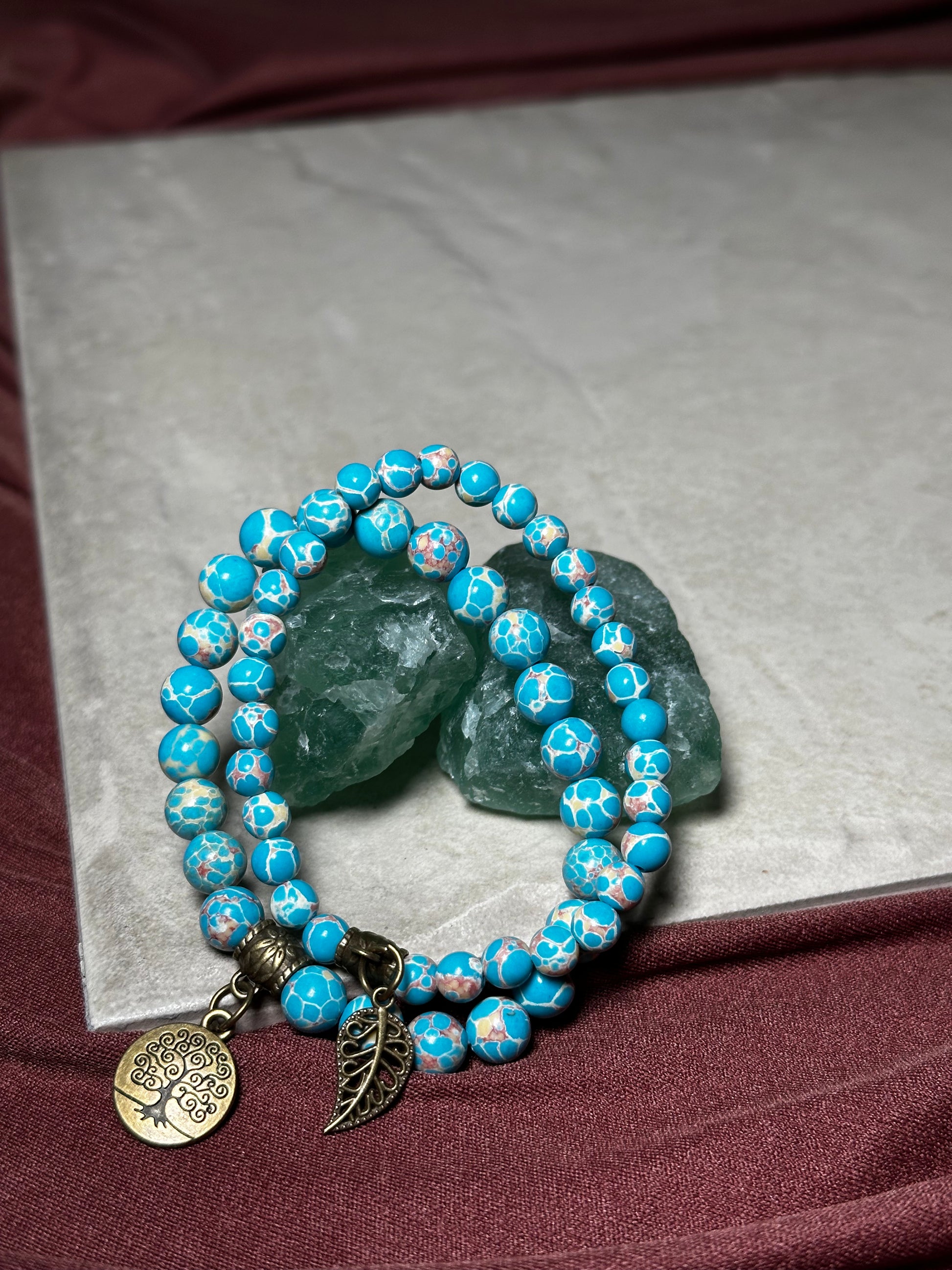 Blue Howlite Dual Bracelets - Bronze Tree Charms