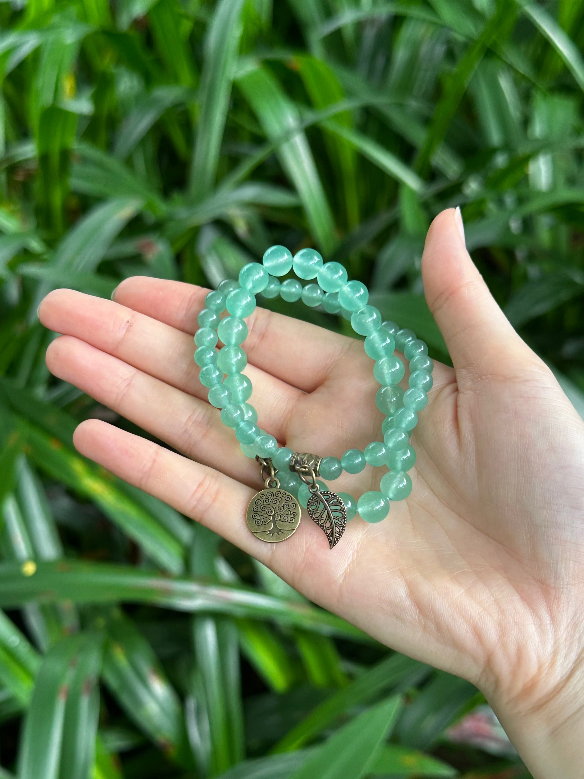 Green Aventurine Dual Bracelets - Bronze Tree Charms