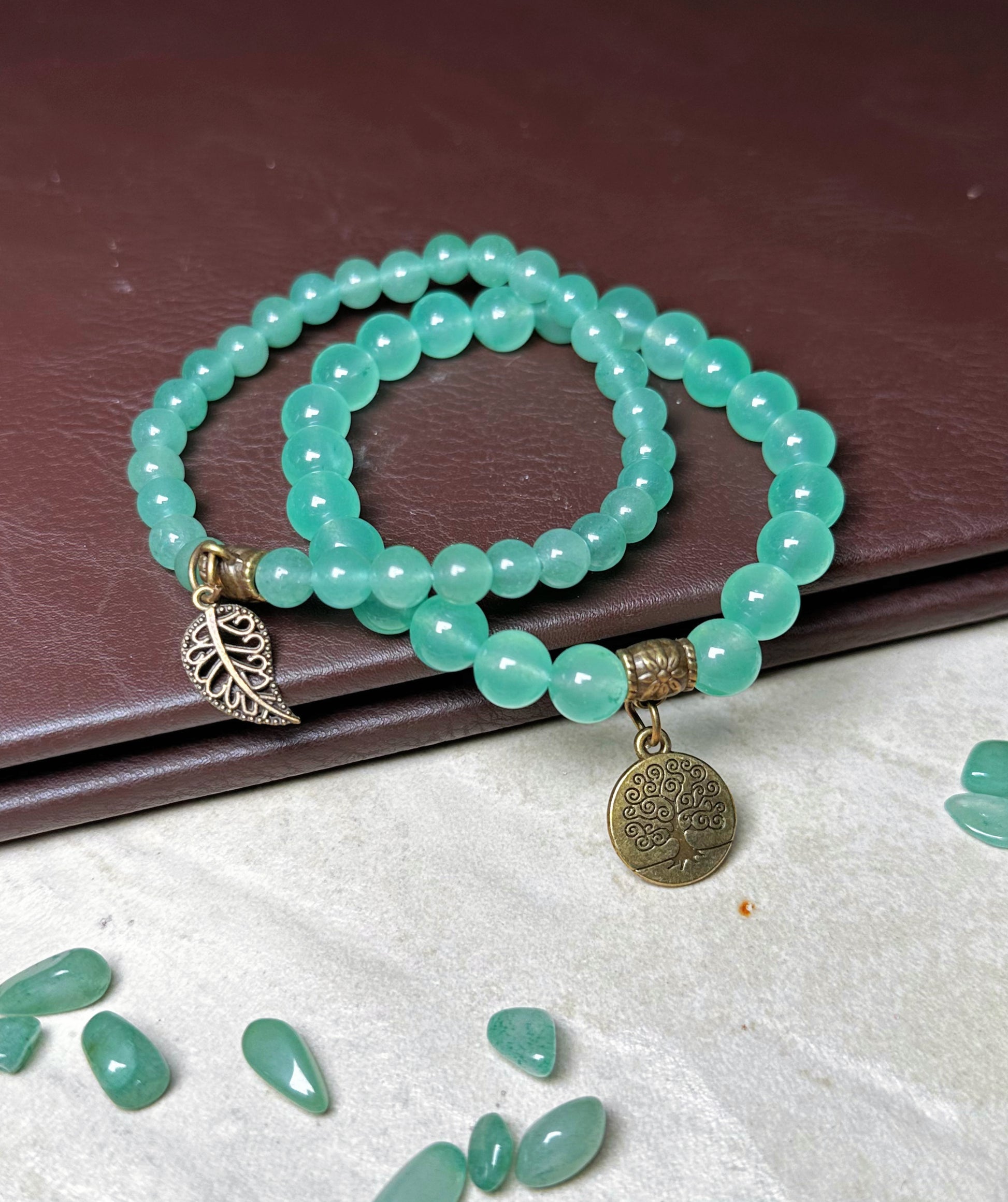 Green Aventurine Dual Bracelets - Bronze Tree Charms