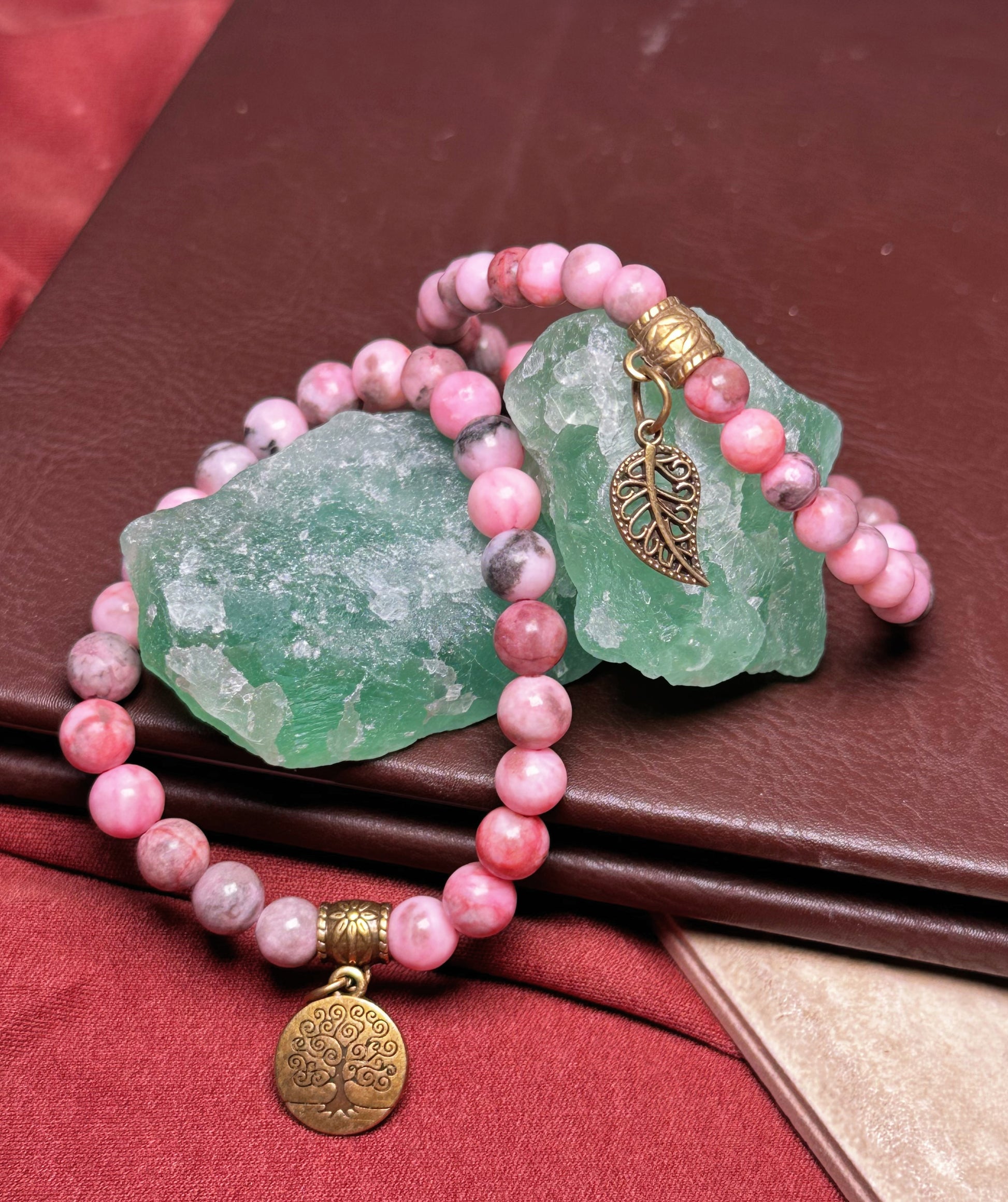 Pink Zebra Jasper Dual Bracelets - Bronze Tree Charms