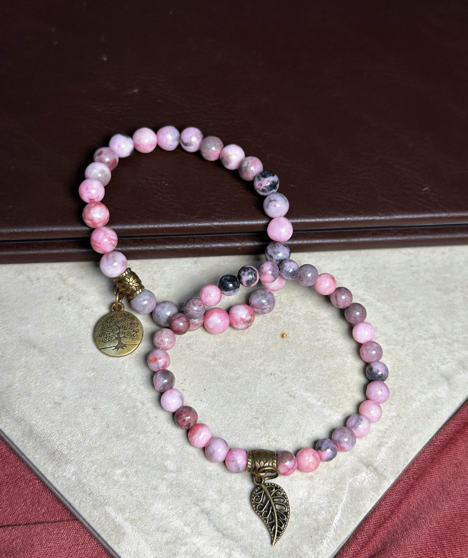 Pink Zebra Jasper Dual Bracelets - Bronze Tree Charms